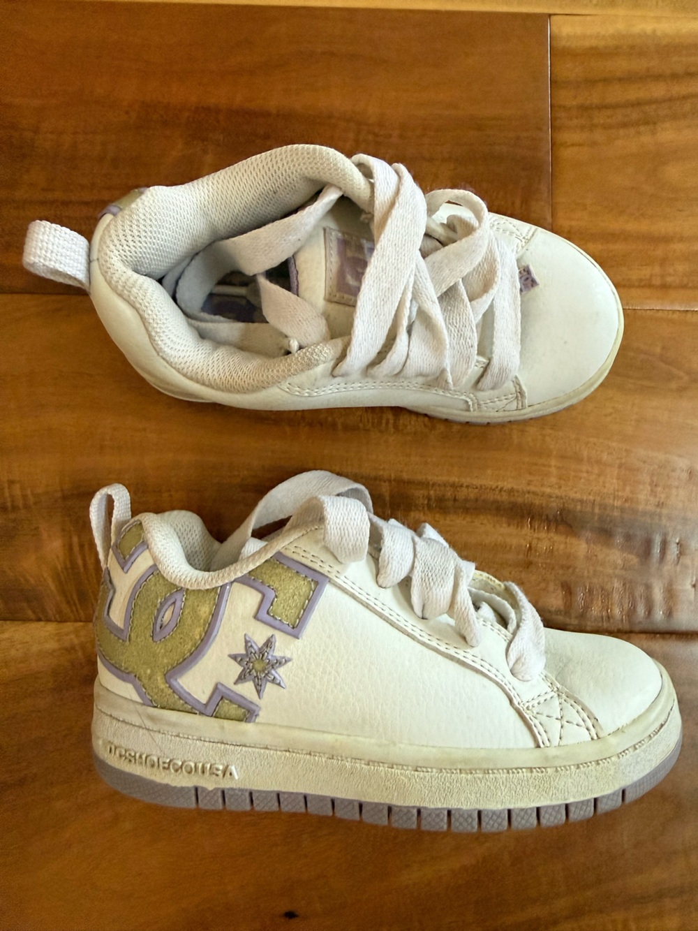 DC Kids White Sneakers with Lilac & Silver Logo Accents